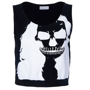 ROMWE White Long-Haired Skull  Black Tank Top